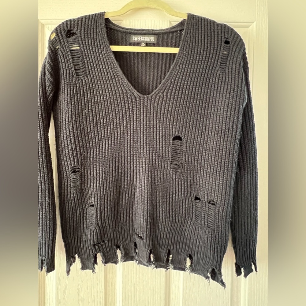 Juniors Sweet & Sinful Black V-Neck Distress Sweatshirt, Size XS